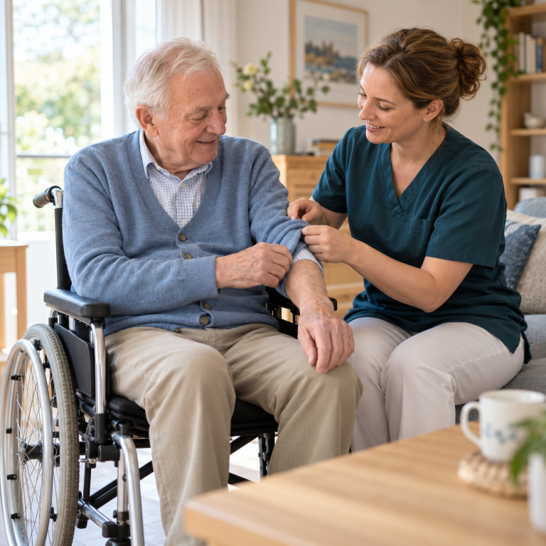 Individuelle Unterstützung eines älteren Mannes im Rollstuhl beim Ankleiden