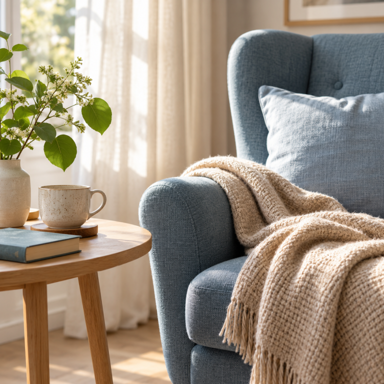 Symbolisches Wohnmotiv mit blauem Sessel, weicher Decke und hellem Beistelltisch